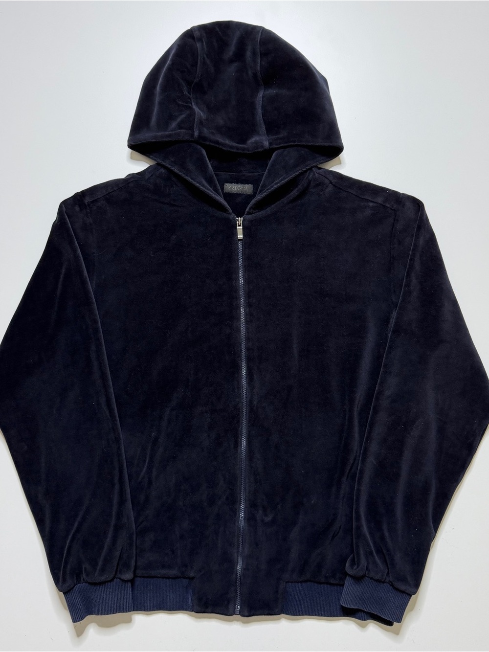 Z Zegna Velour Full Zip Hoodie Mens Large Navy Blue Designer Streetwear